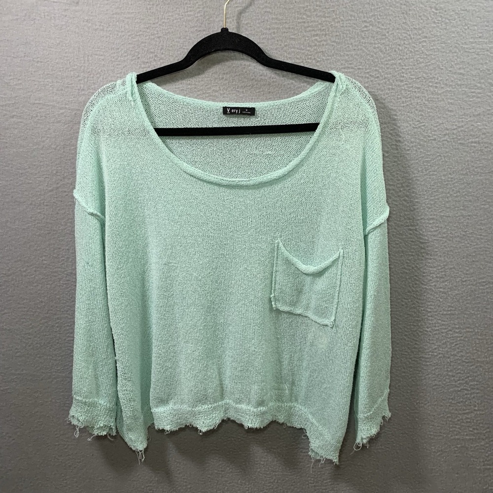 Very J Womens Distressed Knit Sweater Mint Green Frayed Hem Size M